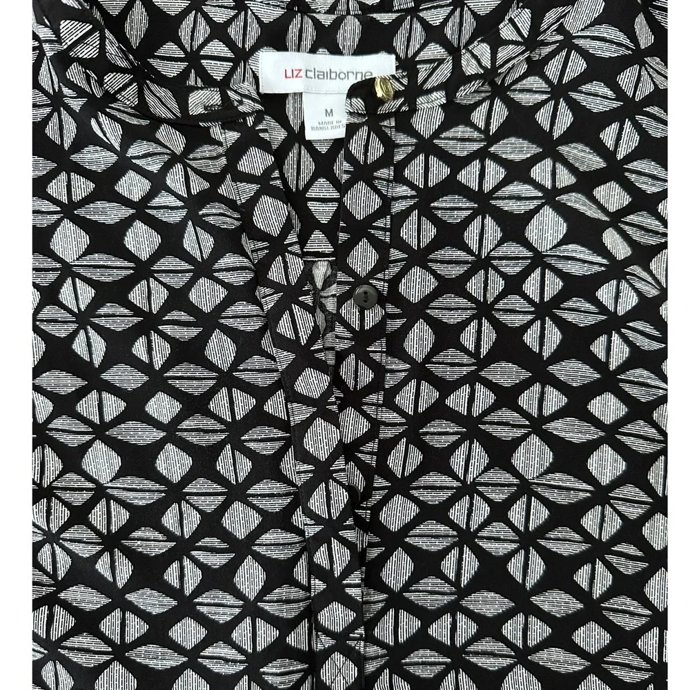Liz Claiborne Sleeveless Blouse Womens M Black Geometric Business Casual Career‎